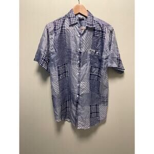 Vintage My Way Womens Top Small Blue Mixed Media Satin Button Up Artsy 90s Y2K